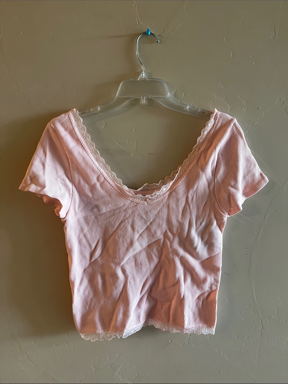 Almost Famous Pink Lace-Trim Ribbed Crop Top